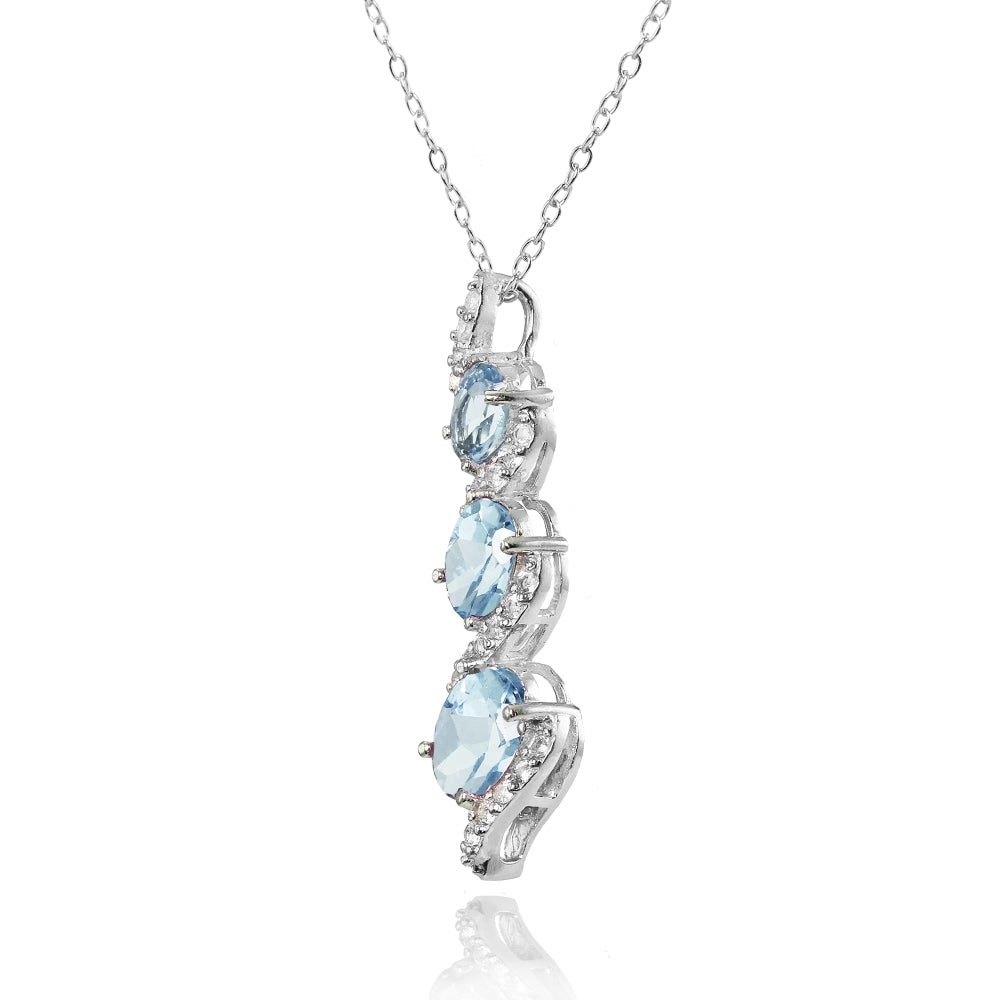 Sterling Silver Blue and White Topaz Oval S Design Three-Stone Journey Necklace-2