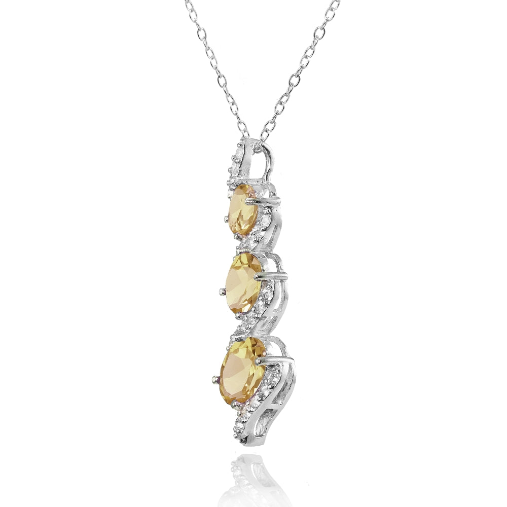 Sterling Silver Citrine and White Topaz Oval S Design Three-Stone Journey Necklace-2