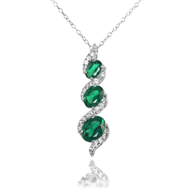 Sterling Silver Created Emerald and White Topaz Oval S Design Three-Stone Journey Necklace