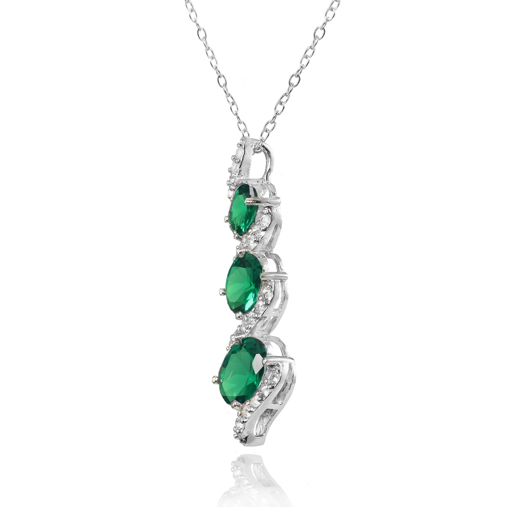 Sterling Silver Created Emerald and White Topaz Oval S Design Three-Stone Journey Necklace-2