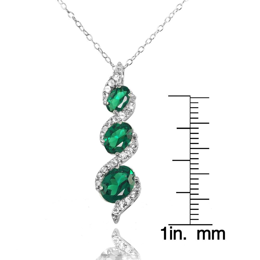 Sterling Silver Created Emerald and White Topaz Oval S Design Three-Stone Journey Necklace-3