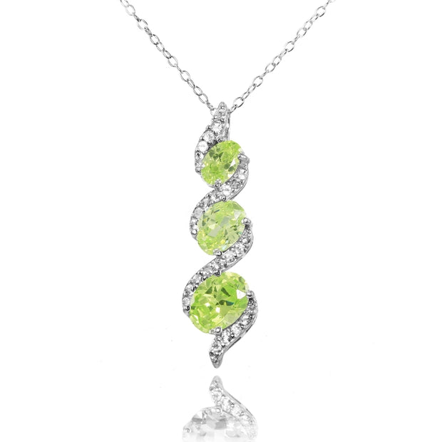 Sterling Silver Created Peridot and Cubic Zirconia Oval S Design Three-Stone Journey Necklace