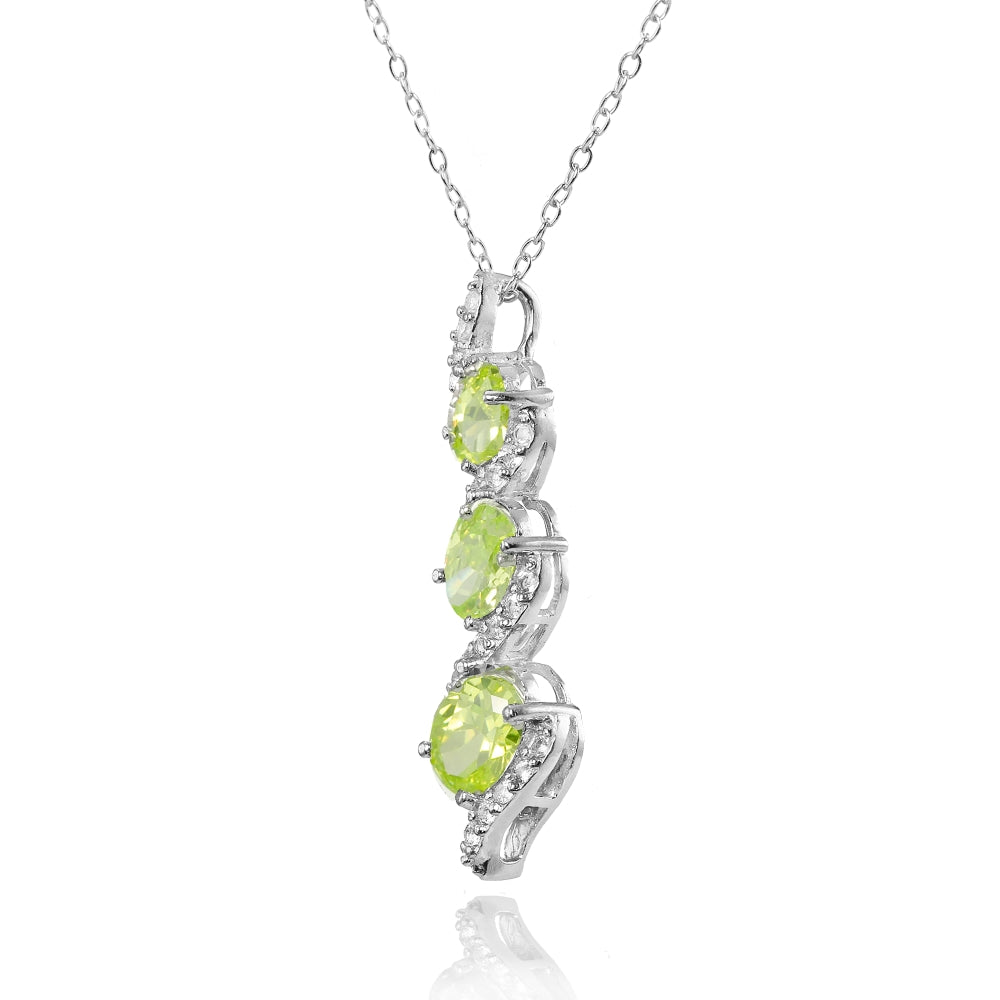 Sterling Silver Created Peridot and Cubic Zirconia Oval S Design Three-Stone Journey Necklace-2