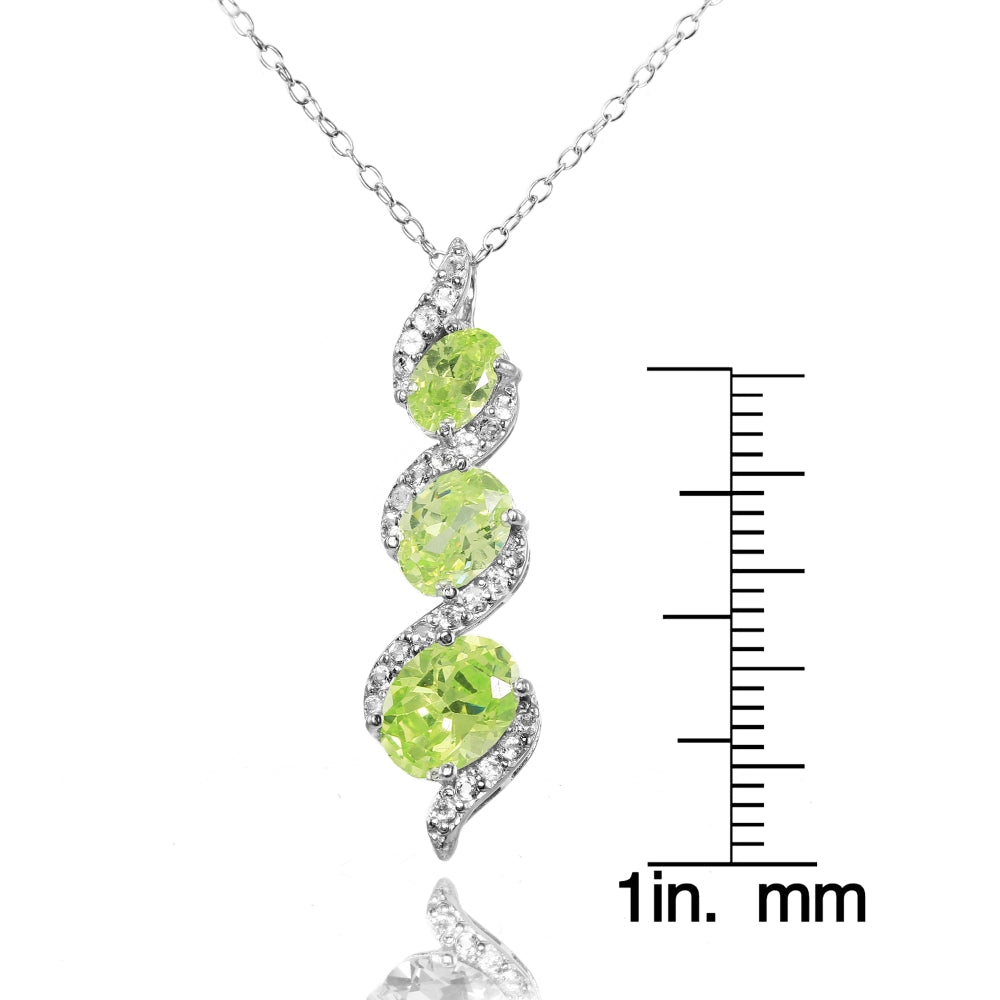 Sterling Silver Created Peridot and Cubic Zirconia Oval S Design Three-Stone Journey Necklace-3