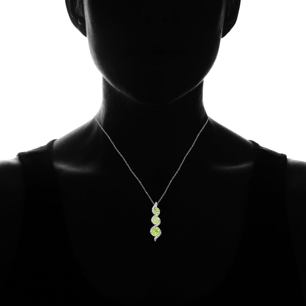 Sterling Silver Created Peridot and Cubic Zirconia Oval S Design Three-Stone Journey Necklace-4