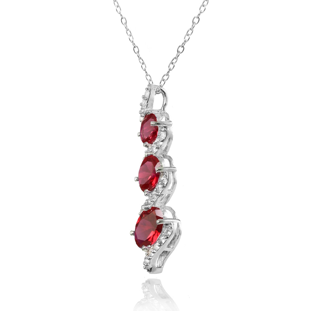 Sterling Silver Created Ruby and White Topaz Oval S Design Three-Stone Journey Necklace-2