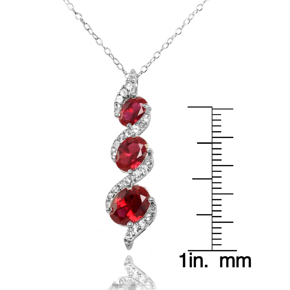 Sterling Silver Created Ruby and White Topaz Oval S Design Three-Stone Journey Necklace-3