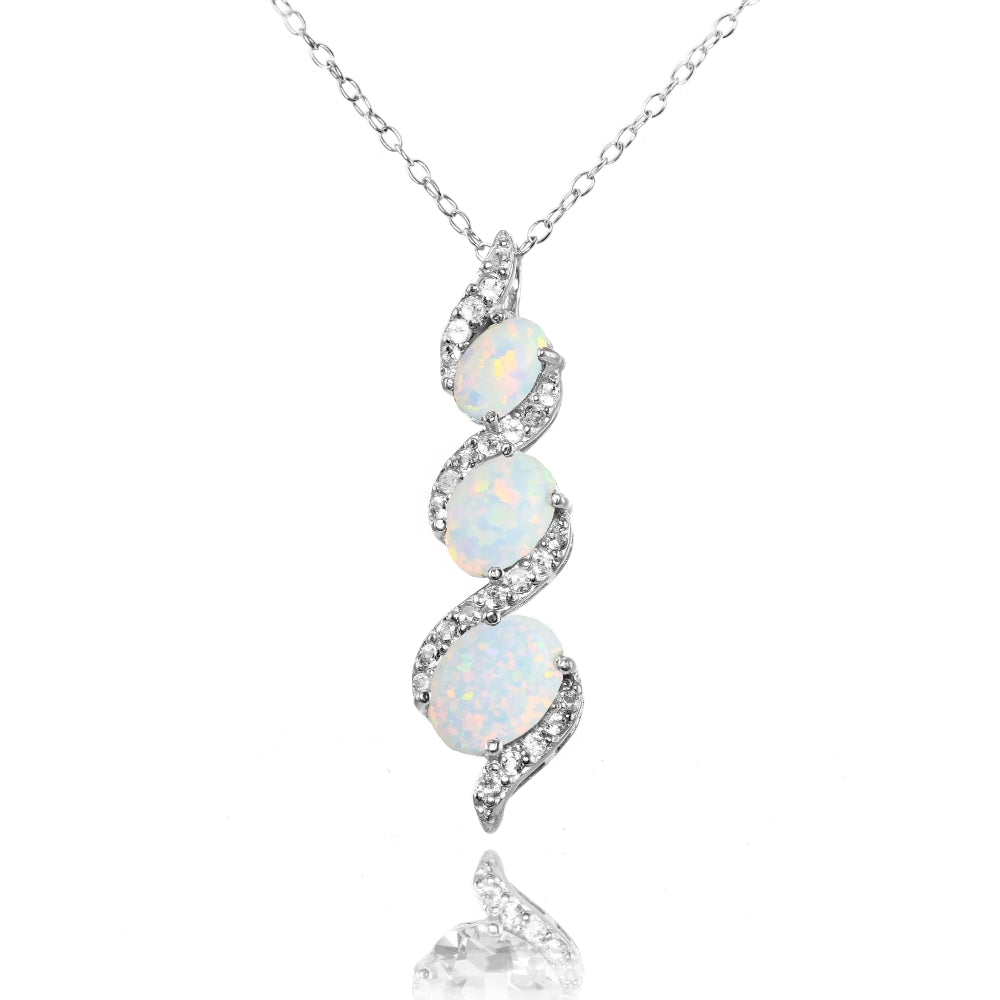 Sterling Silver Created White Opal and White Topaz Oval S Design Three-Stone Journey Necklace