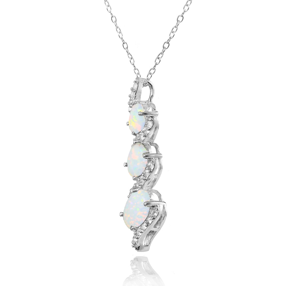 Sterling Silver Created White Opal and White Topaz Oval S Design Three-Stone Journey Necklace-2