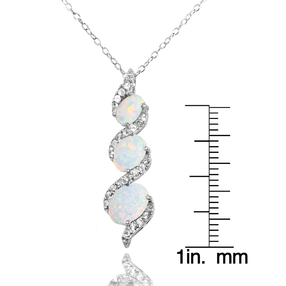 Sterling Silver Created White Opal and White Topaz Oval S Design Three-Stone Journey Necklace-3
