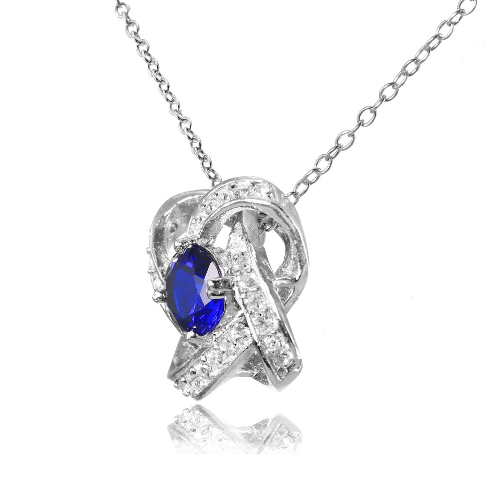 Sterling Silver Created Blue Sapphire and White Topaz Love Knot Necklace-2