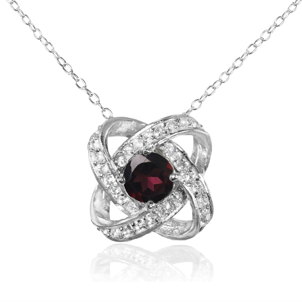 Sterling Silver Garnet and White Topaz Love Knot Necklace