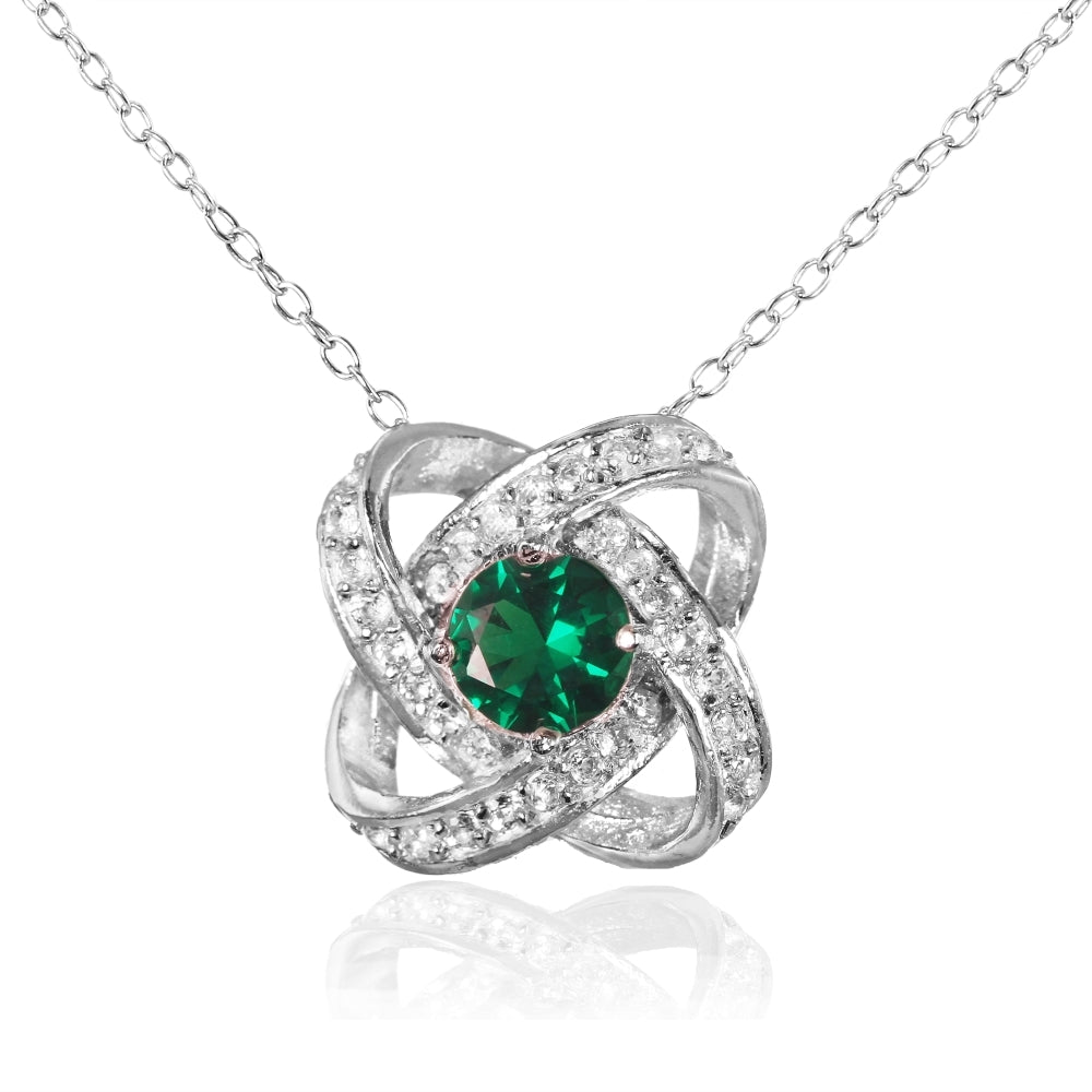Sterling Silver Created Emerald and White Topaz Love Knot Necklace