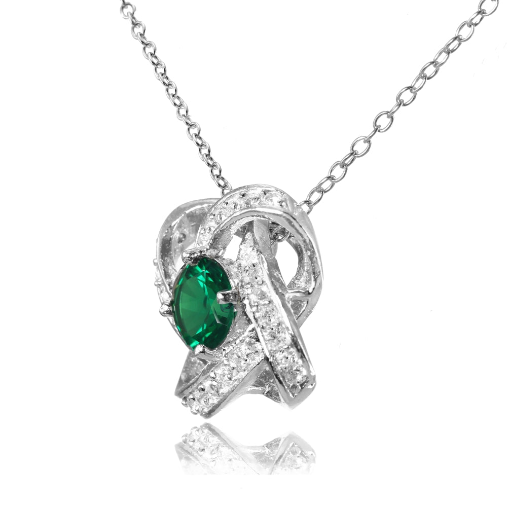 Sterling Silver Created Emerald and White Topaz Love Knot Necklace-2