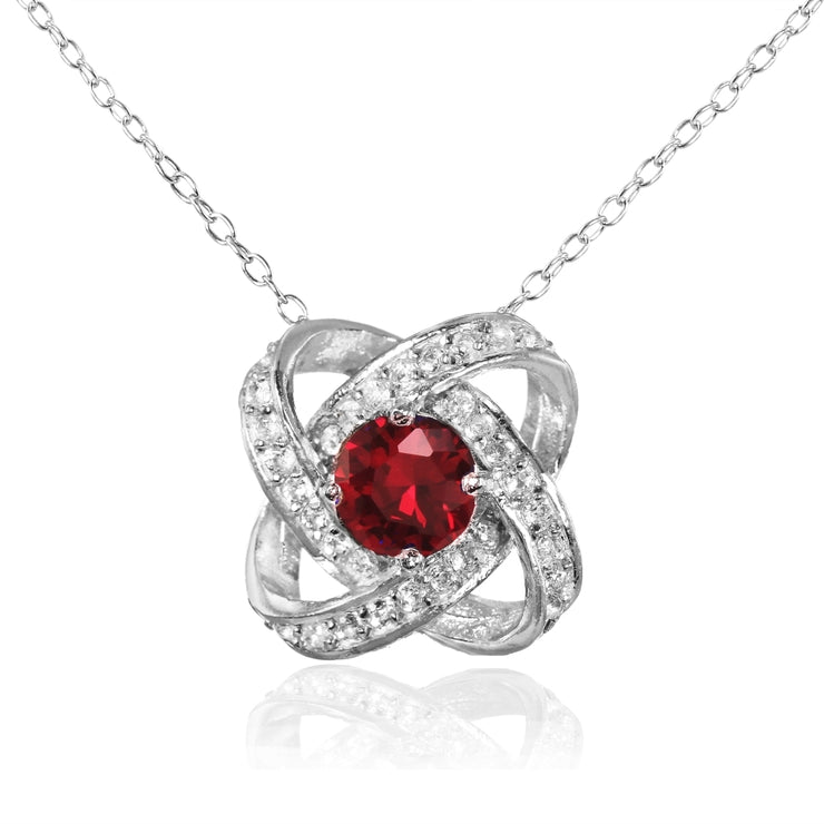 Sterling Silver Created Ruby and White Topaz Love Knot Necklace