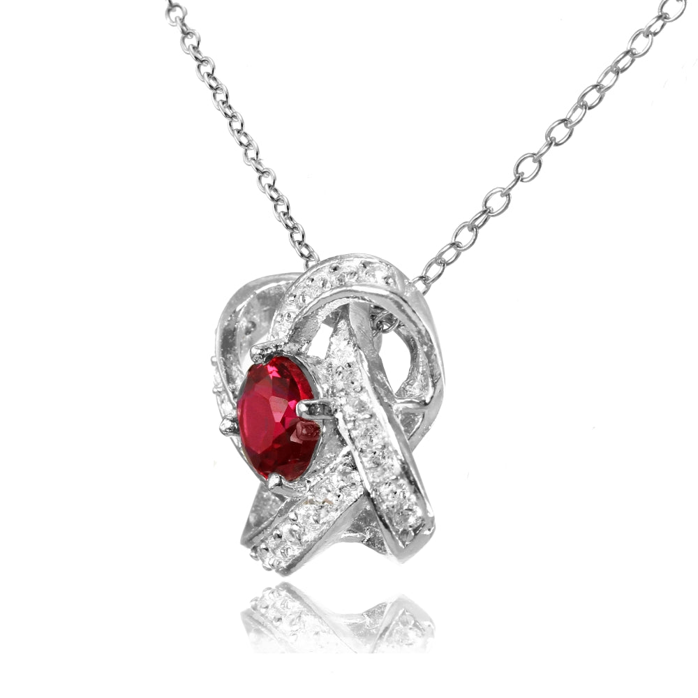 Sterling Silver Created Ruby and White Topaz Love Knot Necklace-2