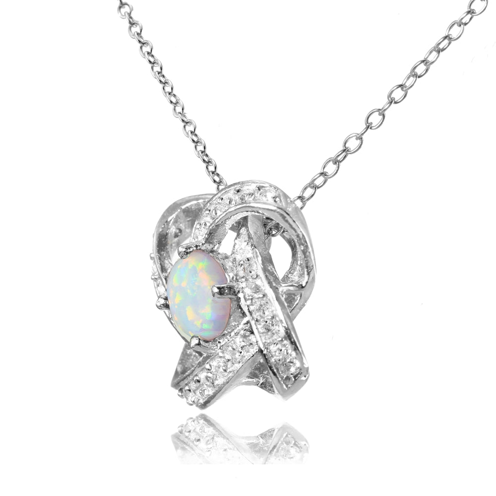 Sterling Silver Created White Opal and White Topaz Love Knot Necklace-2