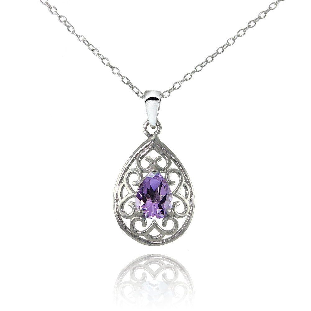 Sterling Silver Amethyst Filigree Teardrop Necklace