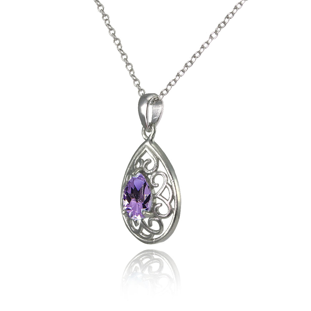 Sterling Silver Amethyst Filigree Teardrop Necklace-2