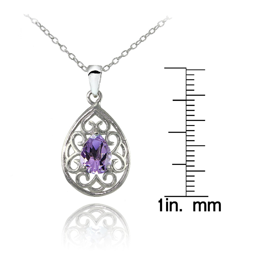 Sterling Silver Amethyst Filigree Teardrop Necklace-3