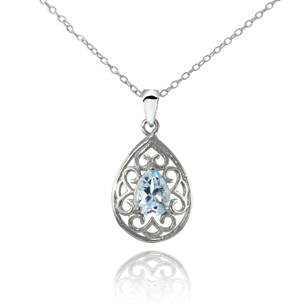 Sterling Silver Blue Topaz Filigree Teardrop Necklace