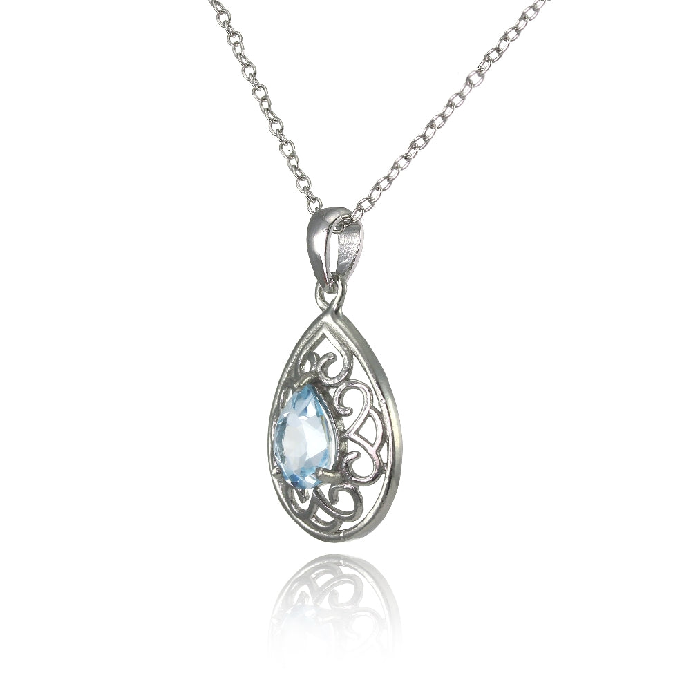 Sterling Silver Blue Topaz Filigree Teardrop Necklace-2