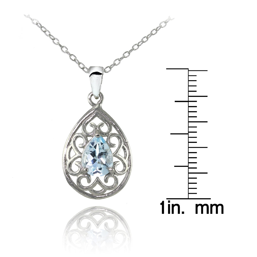 Sterling Silver Blue Topaz Filigree Teardrop Necklace-3