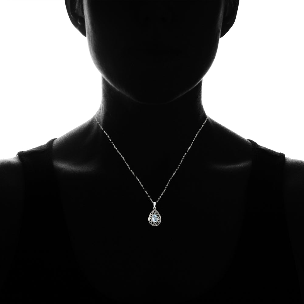Sterling Silver Blue Topaz Filigree Teardrop Necklace-4