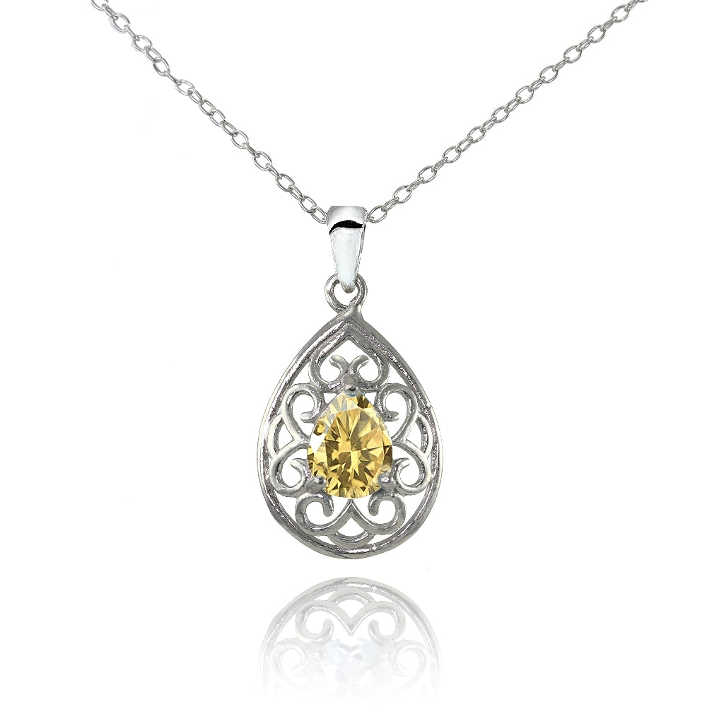 Sterling Silver Citrine Filigree Teardrop Necklace