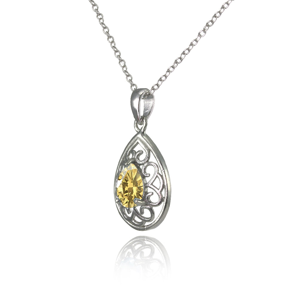 Sterling Silver Citrine Filigree Teardrop Necklace-2