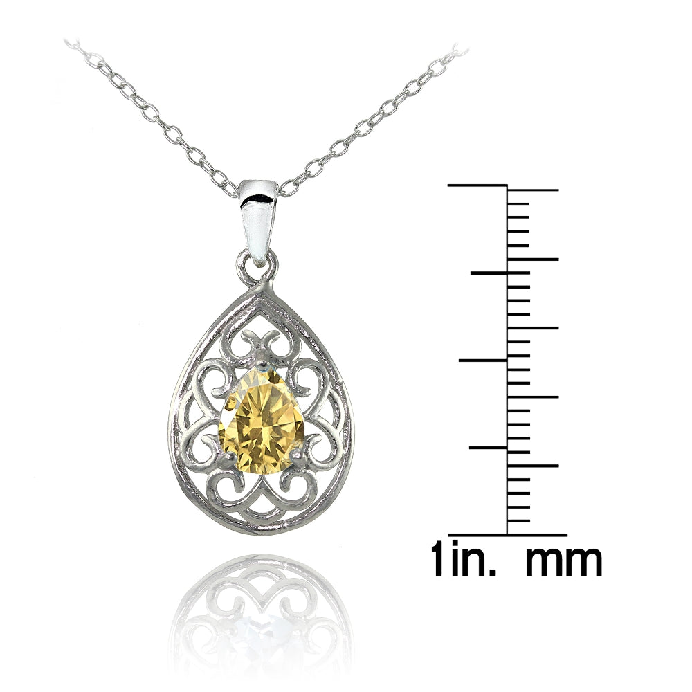 Sterling Silver Citrine Filigree Teardrop Necklace-3