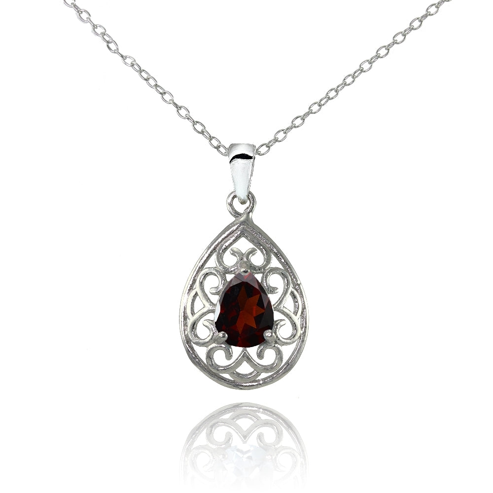 Sterling Silver Garnet Filigree Teardrop Necklace