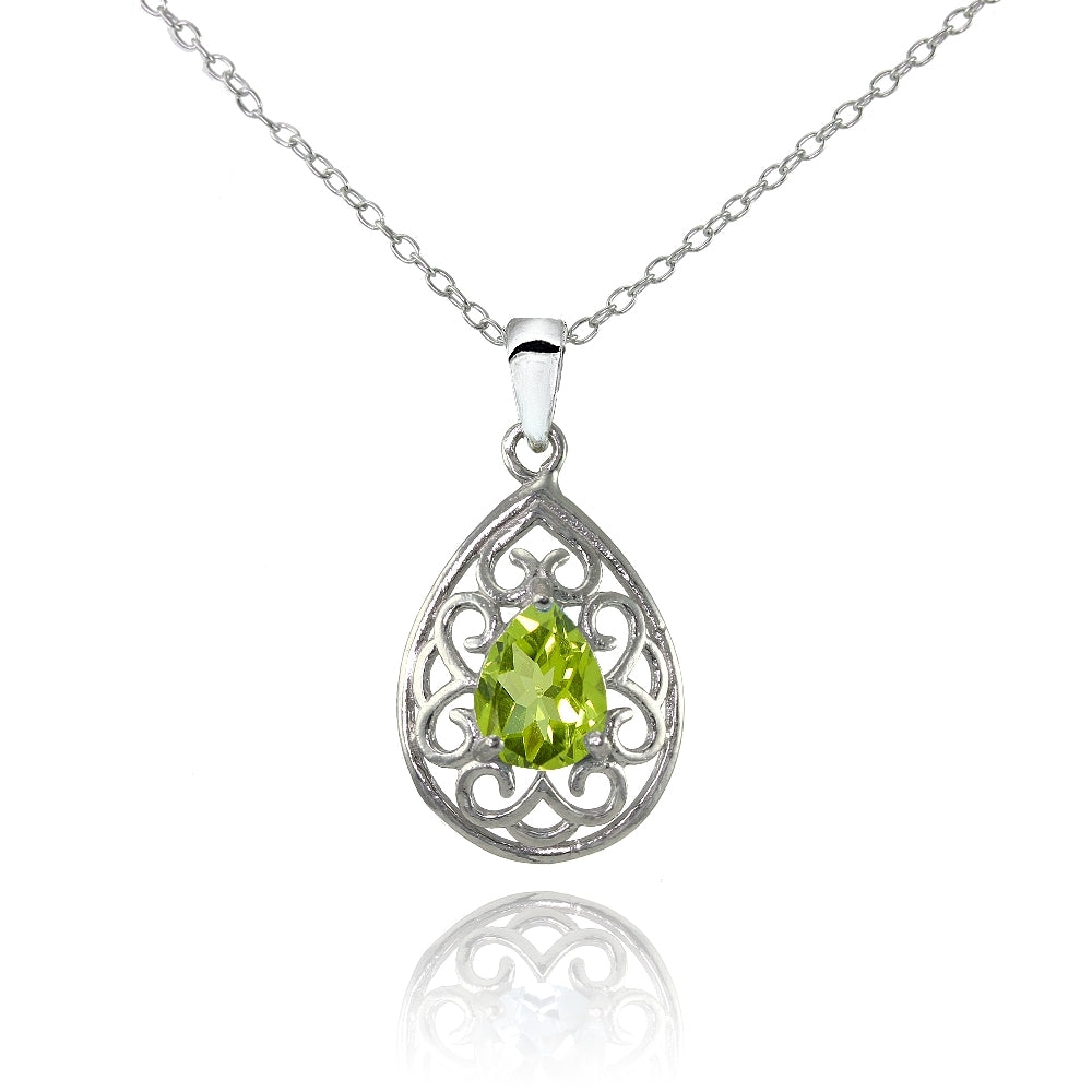 Sterling Silver Peridot Filigree Teardrop Necklace