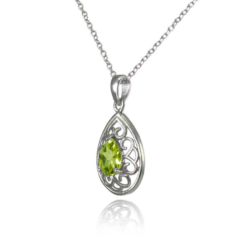 Sterling Silver Peridot Filigree Teardrop Necklace-2