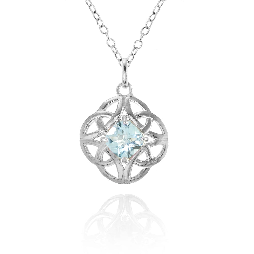 Sterling Silver Blue Topaz Celtic Filigree Cushion Cut Round Necklace