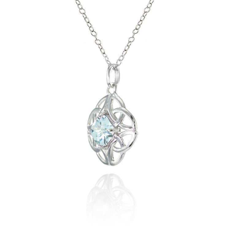 Sterling Silver Blue Topaz Celtic Filigree Cushion Cut Round Necklace