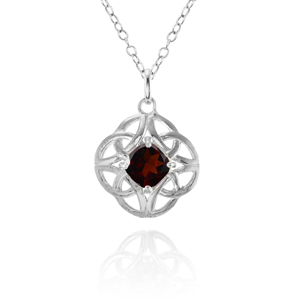 Sterling Silver Garnet Celtic Filigree Cushion Cut Round Necklace