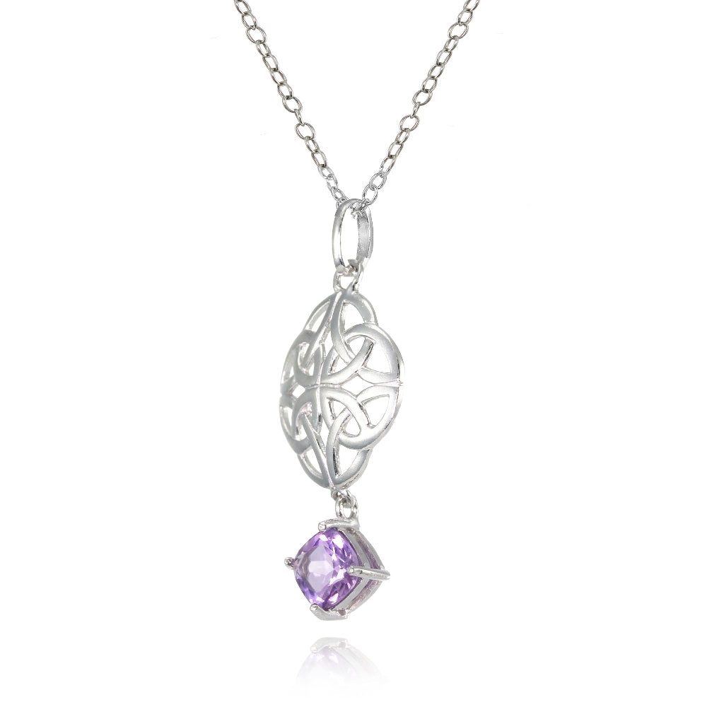 Sterling Silver Amethyst Celtic Filigree Cushion Cut Dangling Necklace-2
