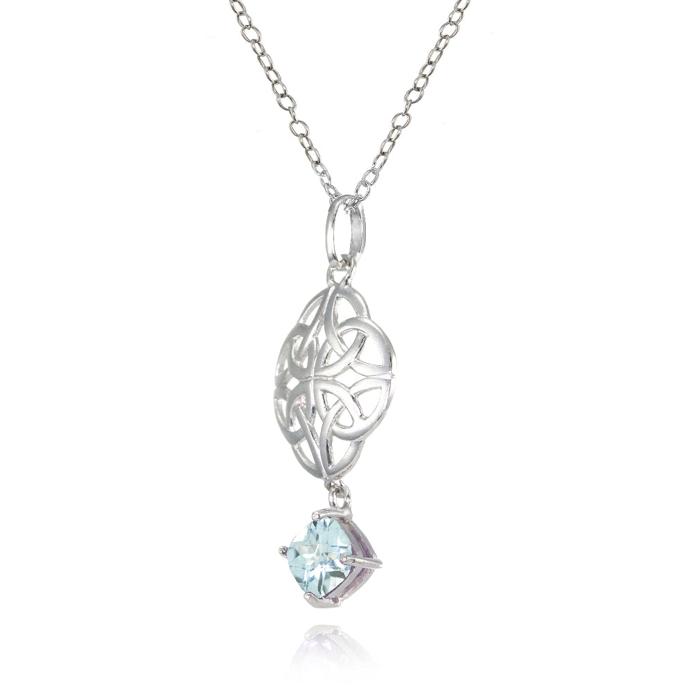 Sterling Silver Blue Topaz Celtic Filigree Cushion Cut Dangling Necklace-2
