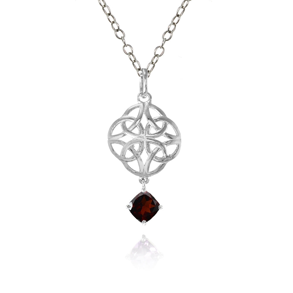 Sterling Silver Garnet Celtic Filigree Cushion Cut Dangling Necklace