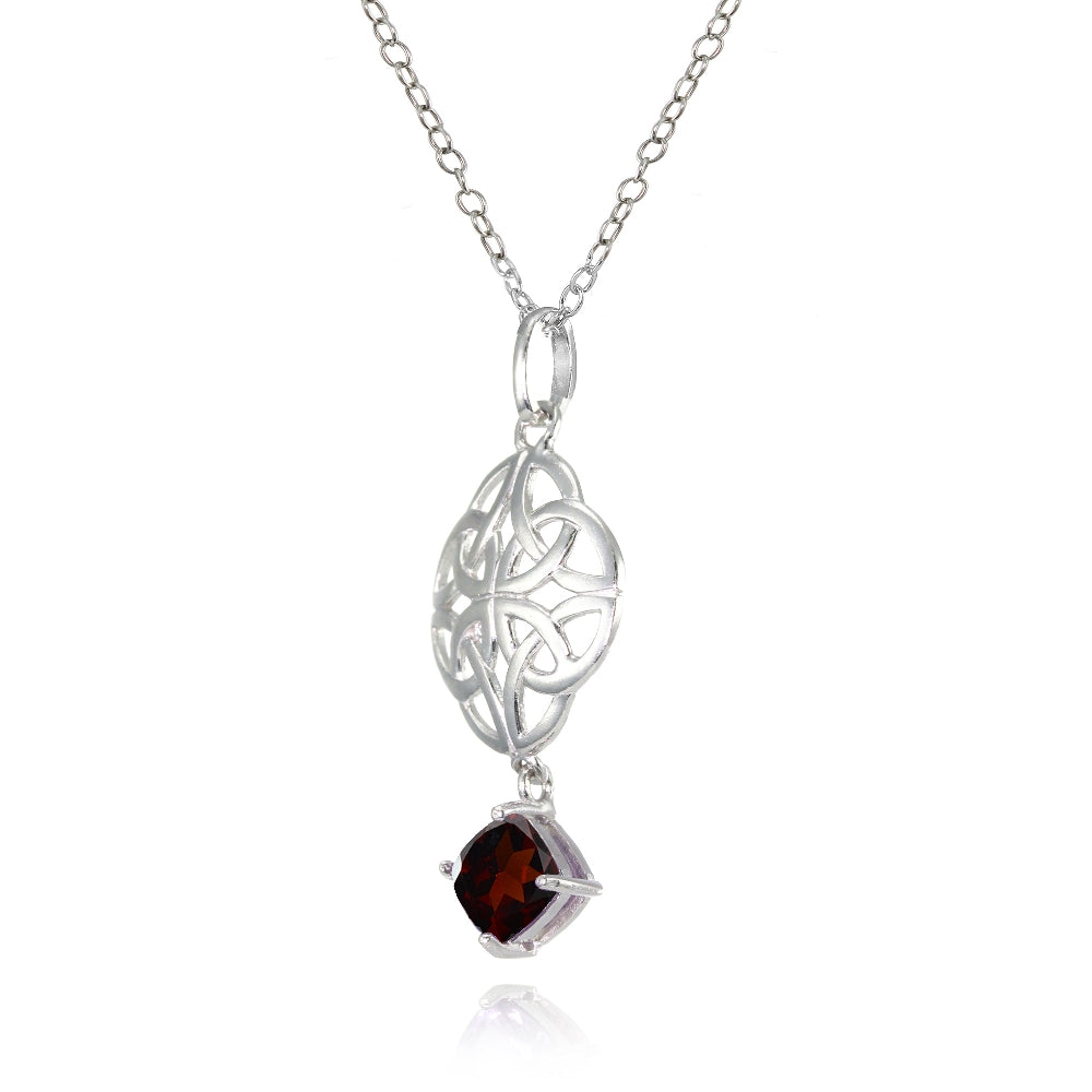 Sterling Silver Garnet Celtic Filigree Cushion Cut Dangling Necklace-2