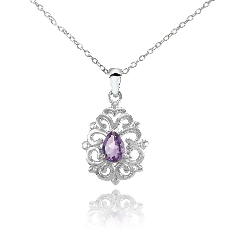 Sterling Silver Amethyst Filigree Teardrop Necklace