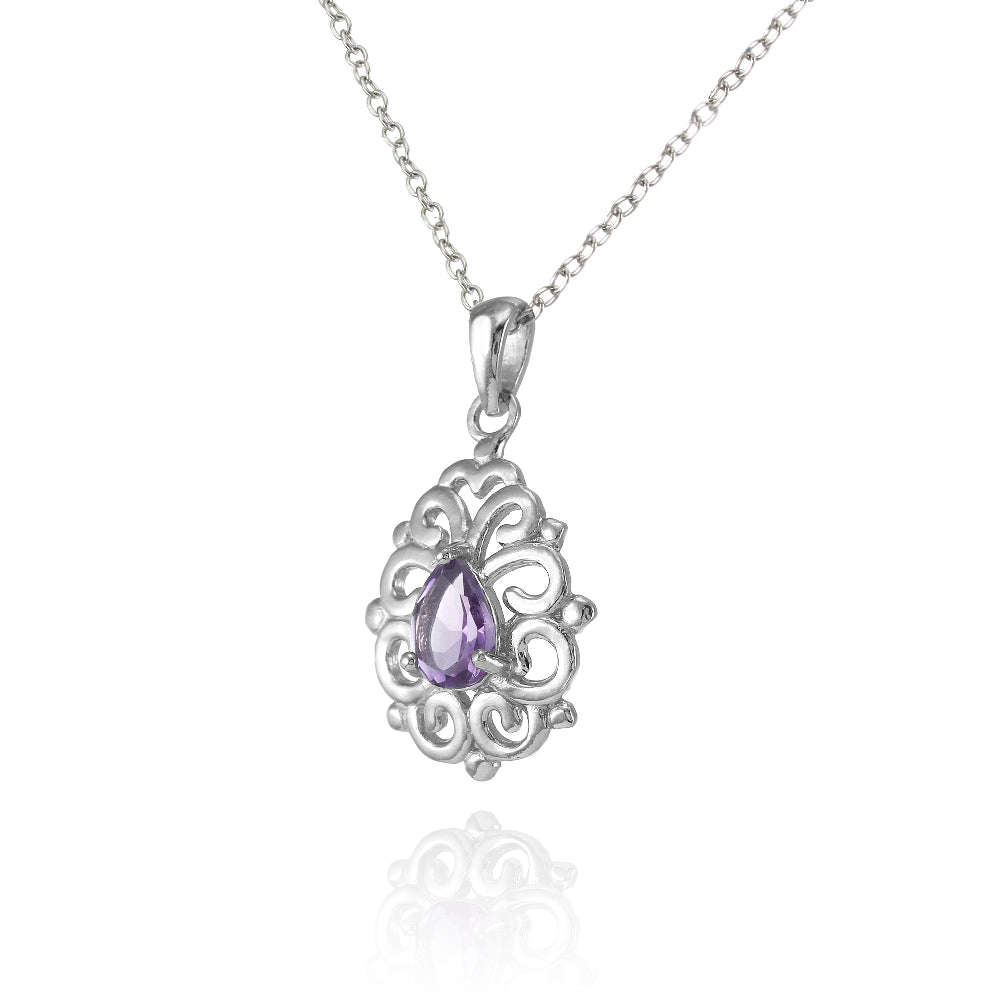 Sterling Silver Amethyst Filigree Teardrop Necklace-2