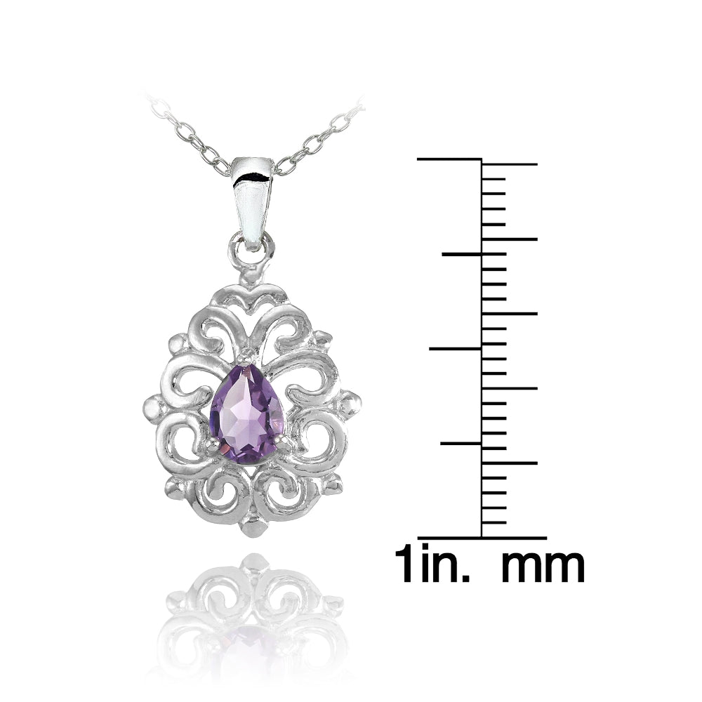 Sterling Silver Amethyst Filigree Teardrop Necklace-3