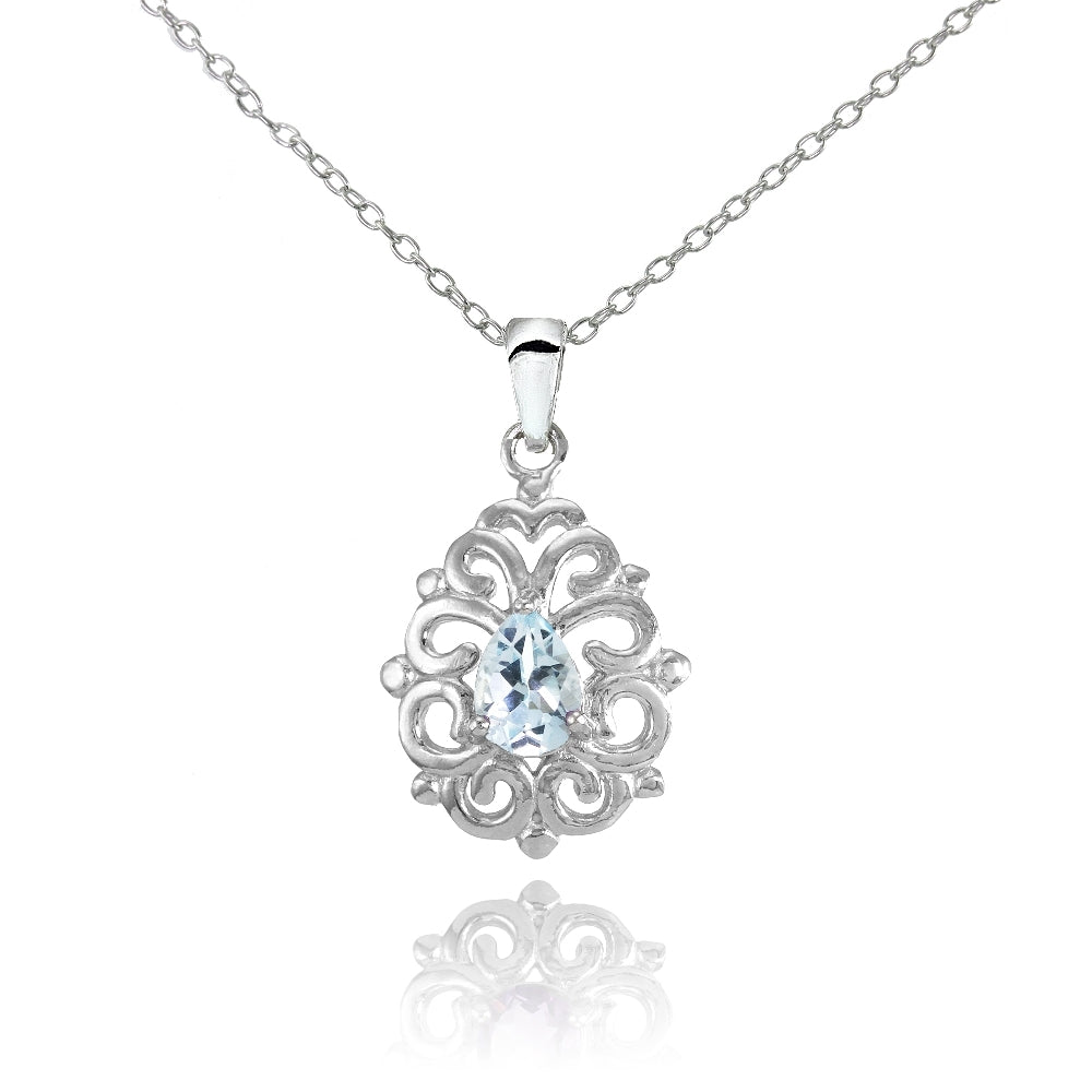 Sterling Silver Blue Topaz Filigree Teardrop Necklace
