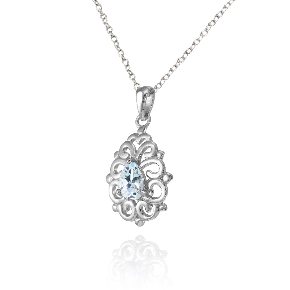 Sterling Silver Blue Topaz Filigree Teardrop Necklace-2