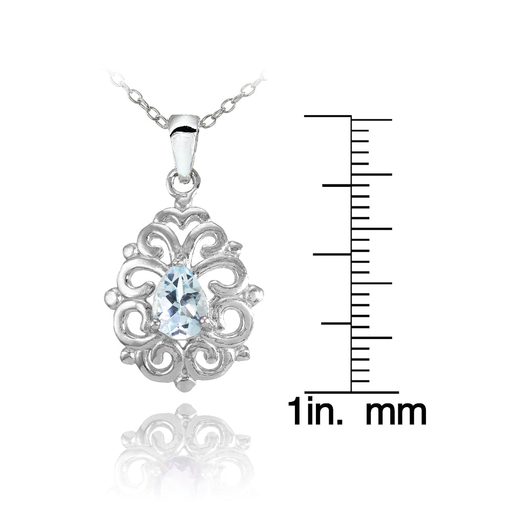 Sterling Silver Blue Topaz Filigree Teardrop Necklace-3