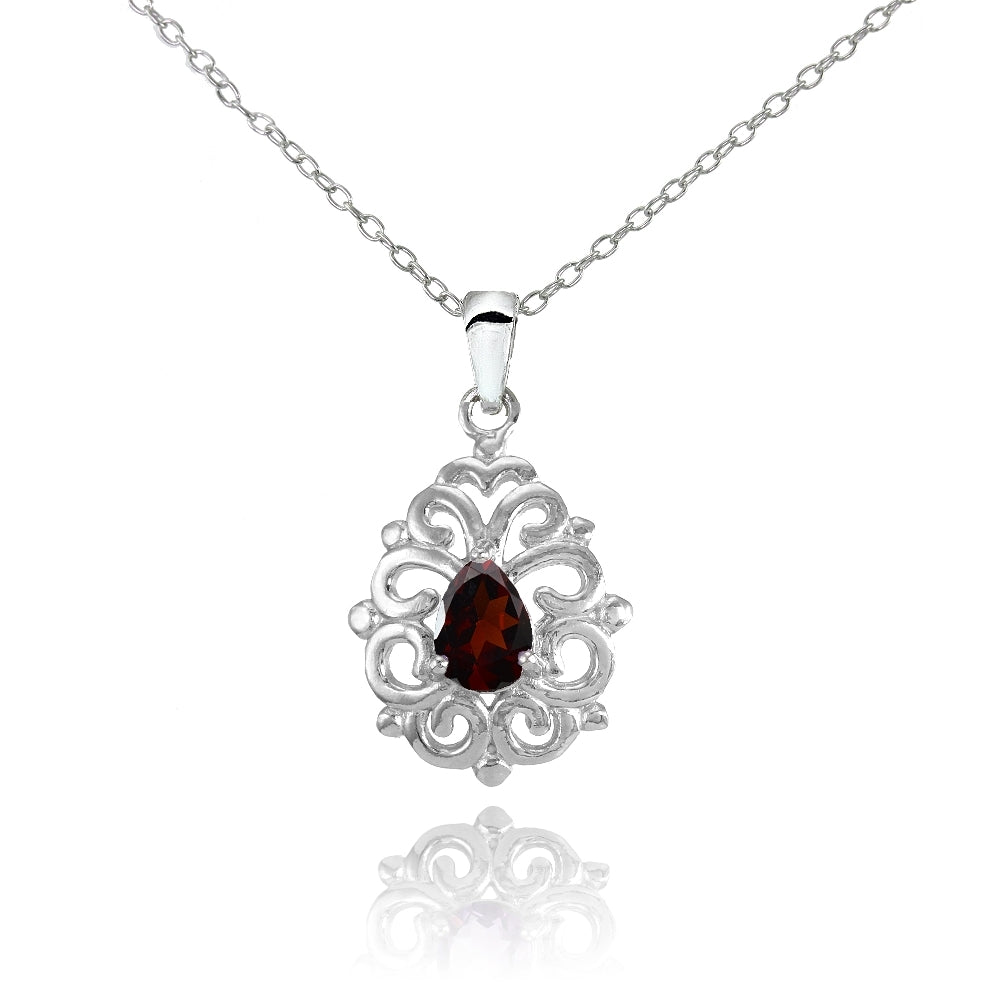 Sterling Silver Garnet Filigree Teardrop Necklace