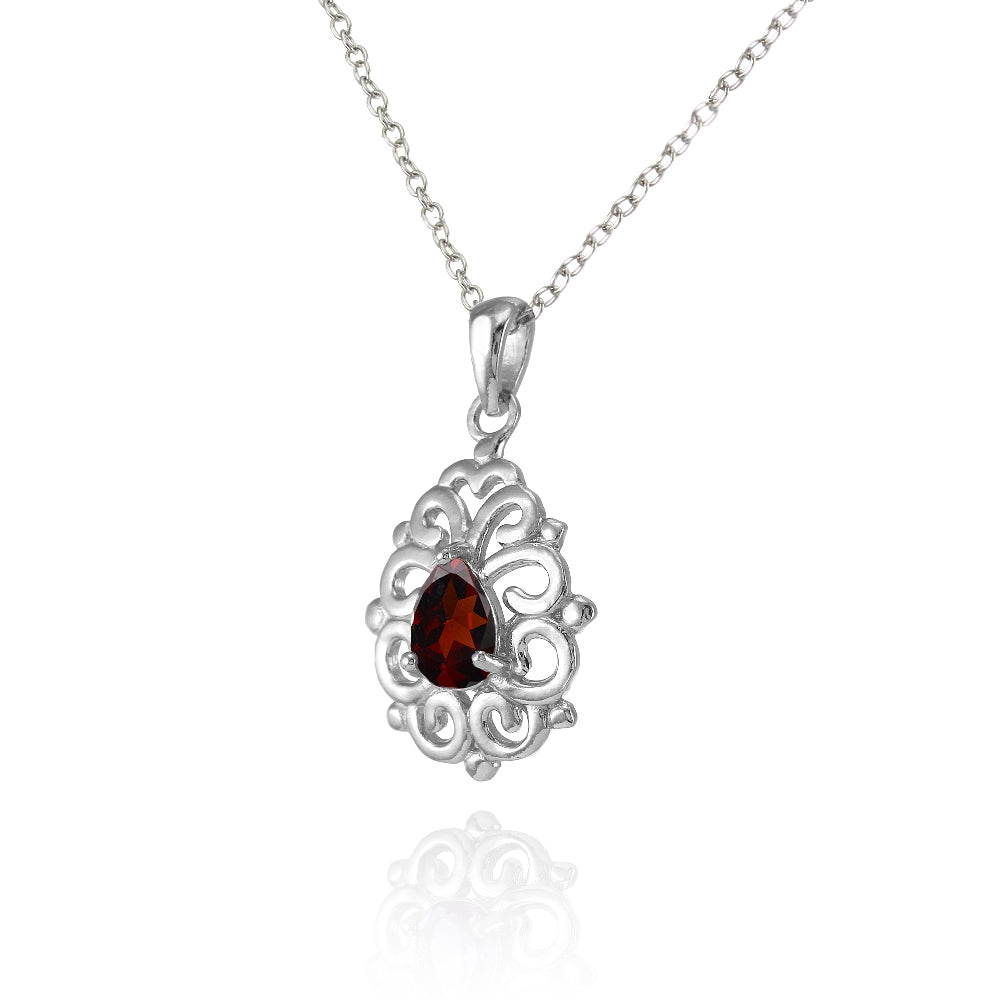 Sterling Silver Garnet Filigree Teardrop Necklace-2