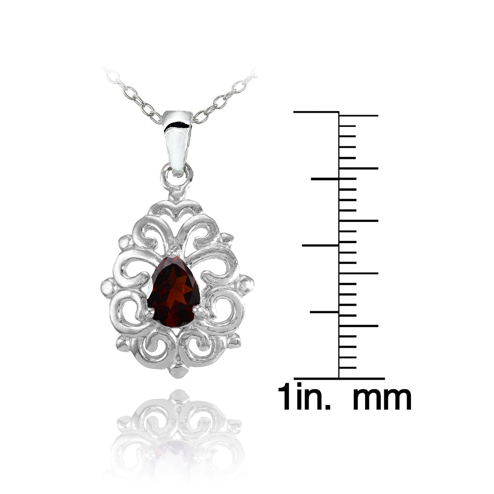Sterling Silver Garnet Filigree Teardrop Necklace-3